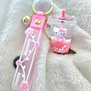 New Hello Kitty Pink Milk Tea Liquid Oil Keychain Bag Charm